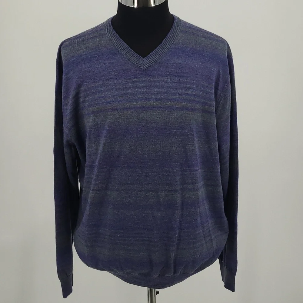 Bugatchi Gradient Striped V Neck Wool Sweater‎ Men's Size XLarge